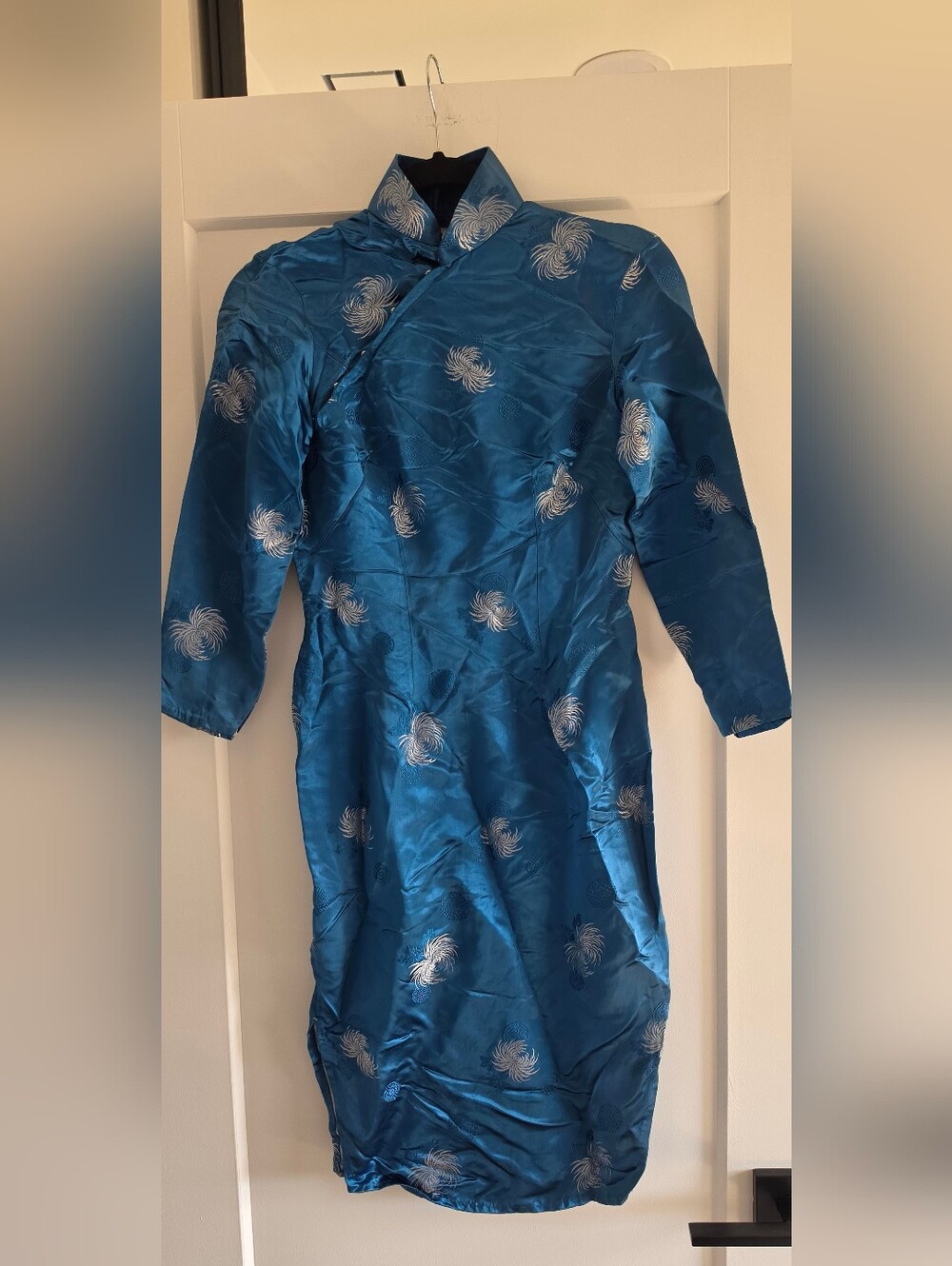 Girls Teal Satin Floral A-Line Dress